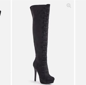 Black suede side zip thigh high boots